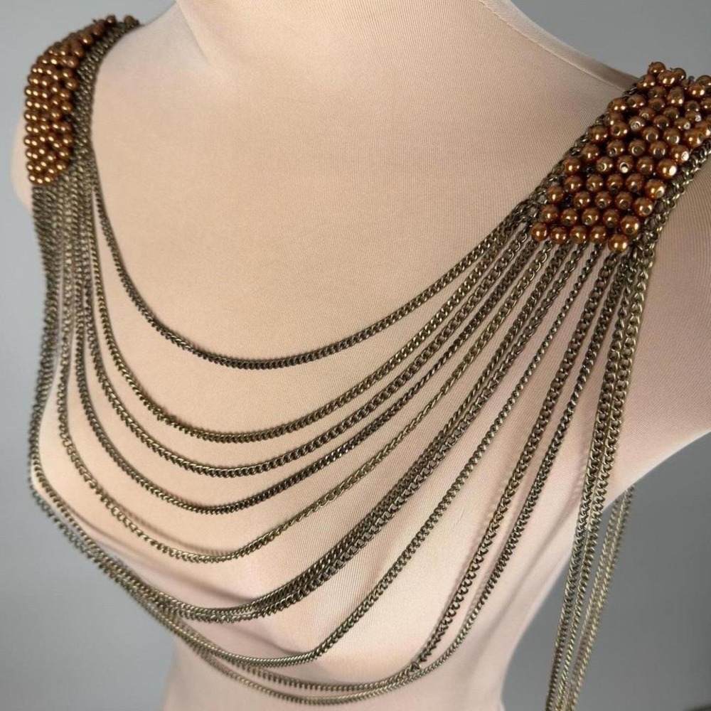 Statement Shoulder Necklace Bib Chains‎ Draped Beads Bronze Tone - Picture 4 of 7